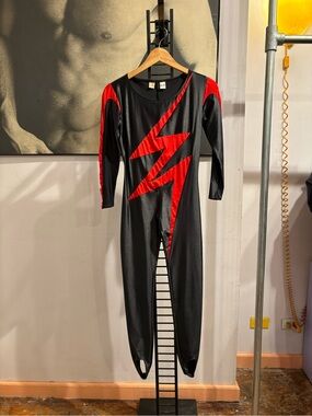 Vintage Brigatta Notz Lycra Black and Red Lightning One-Piece Bodysuit 80s